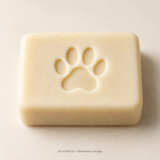 AI SAMPLE: Original illustrative concept for Pawprint Trail Soap Stamp. Not an actual product photograph. Design, proportions and colors require merchant approval. Shown surface demonstrates the imprint and is not included.