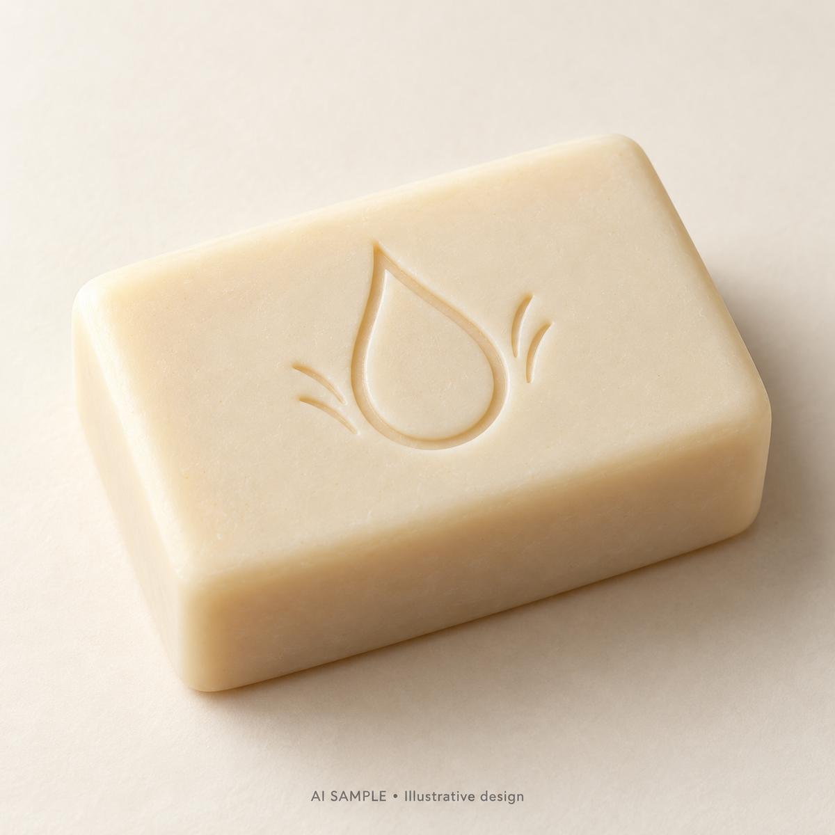 AI SAMPLE: Original illustrative concept for Little Droplet Soap Stamp. Not an actual product photograph. Design, proportions and colors require merchant approval. Shown surface demonstrates the imprint and is not included.