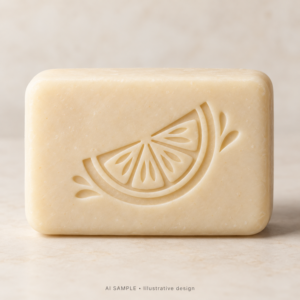 AI SAMPLE: Original illustrative concept for Citrus Slice Soap Stamp. Not an actual product photograph. Design, proportions and colors require merchant approval. Shown surface demonstrates the imprint and is not included.