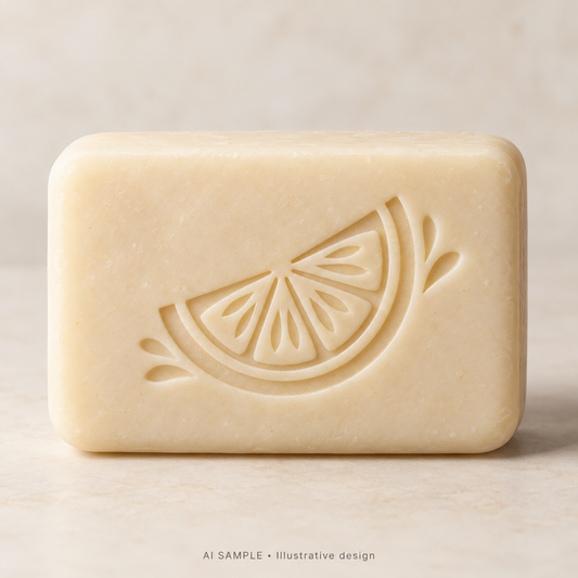 AI SAMPLE: Original illustrative concept for Citrus Slice Soap Stamp. Not an actual product photograph. Design, proportions and colors require merchant approval. Shown surface demonstrates the imprint and is not included.