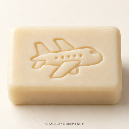 AI SAMPLE: Original illustrative concept for Open Skies Soap Stamp. Not an actual product photograph. Design, proportions and colors require merchant approval. Shown surface demonstrates the imprint and is not included.
