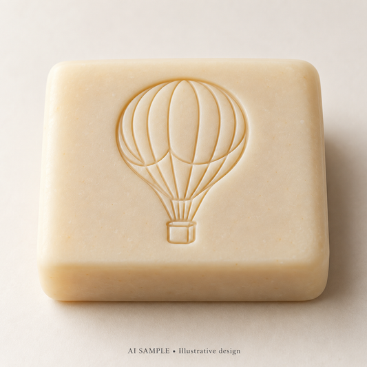 AI SAMPLE: Original illustrative concept for Balloon Journey 01 Soap Stamp. Not an actual product photograph. Design, proportions and colors require merchant approval. Shown surface demonstrates the imprint and is not included.