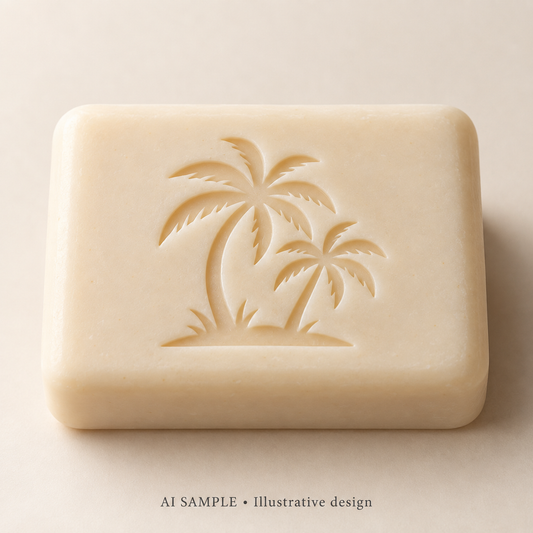 AI SAMPLE: Original illustrative concept for Island Palm 01 Soap Stamp. Not an actual product photograph. Design, proportions and colors require merchant approval. Shown surface demonstrates the imprint and is not included.