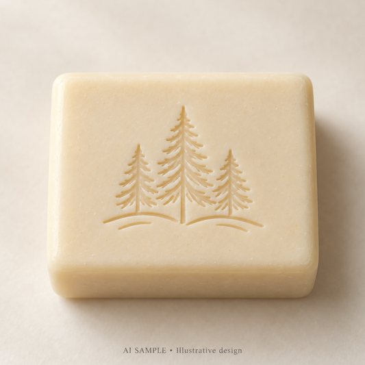 AI SAMPLE: Original illustrative concept for Evergreen Grove Soap Stamp. Not an actual product photograph. Design, proportions and colors require merchant approval. Shown surface demonstrates the imprint and is not included.