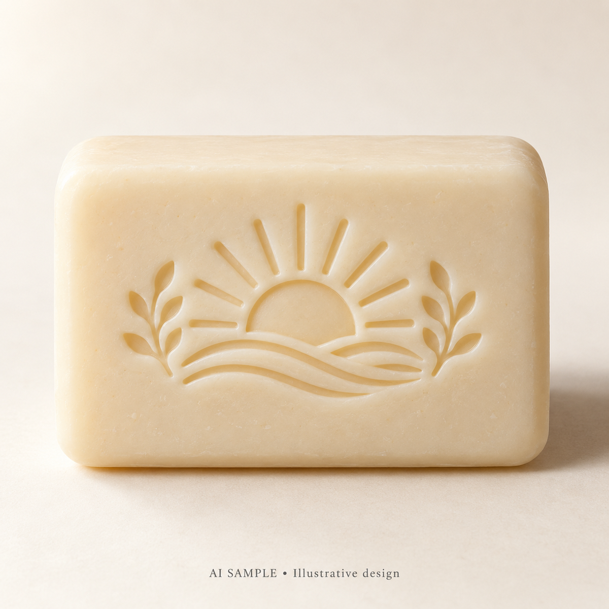 AI SAMPLE: Original illustrative concept for Morning Horizon Soap Stamp. Not an actual product photograph. Design, proportions and colors require merchant approval. Shown surface demonstrates the imprint and is not included.