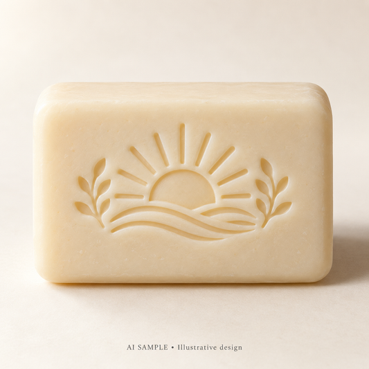 AI SAMPLE: Original illustrative concept for Morning Horizon Soap Stamp. Not an actual product photograph. Design, proportions and colors require merchant approval. Shown surface demonstrates the imprint and is not included.