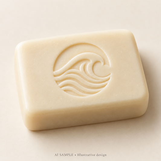 AI SAMPLE: Original illustrative concept for Rolling Tides Soap Stamp. Not an actual product photograph. Design, proportions and colors require merchant approval. Shown surface demonstrates the imprint and is not included.