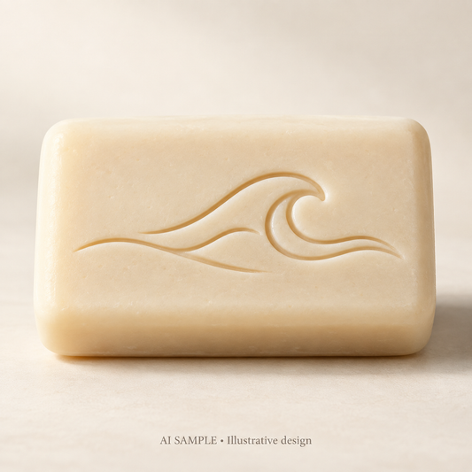 AI SAMPLE: Original illustrative concept for Ocean Ripple Soap Stamp. Not an actual product photograph. Design, proportions and colors require merchant approval. Shown surface demonstrates the imprint and is not included.