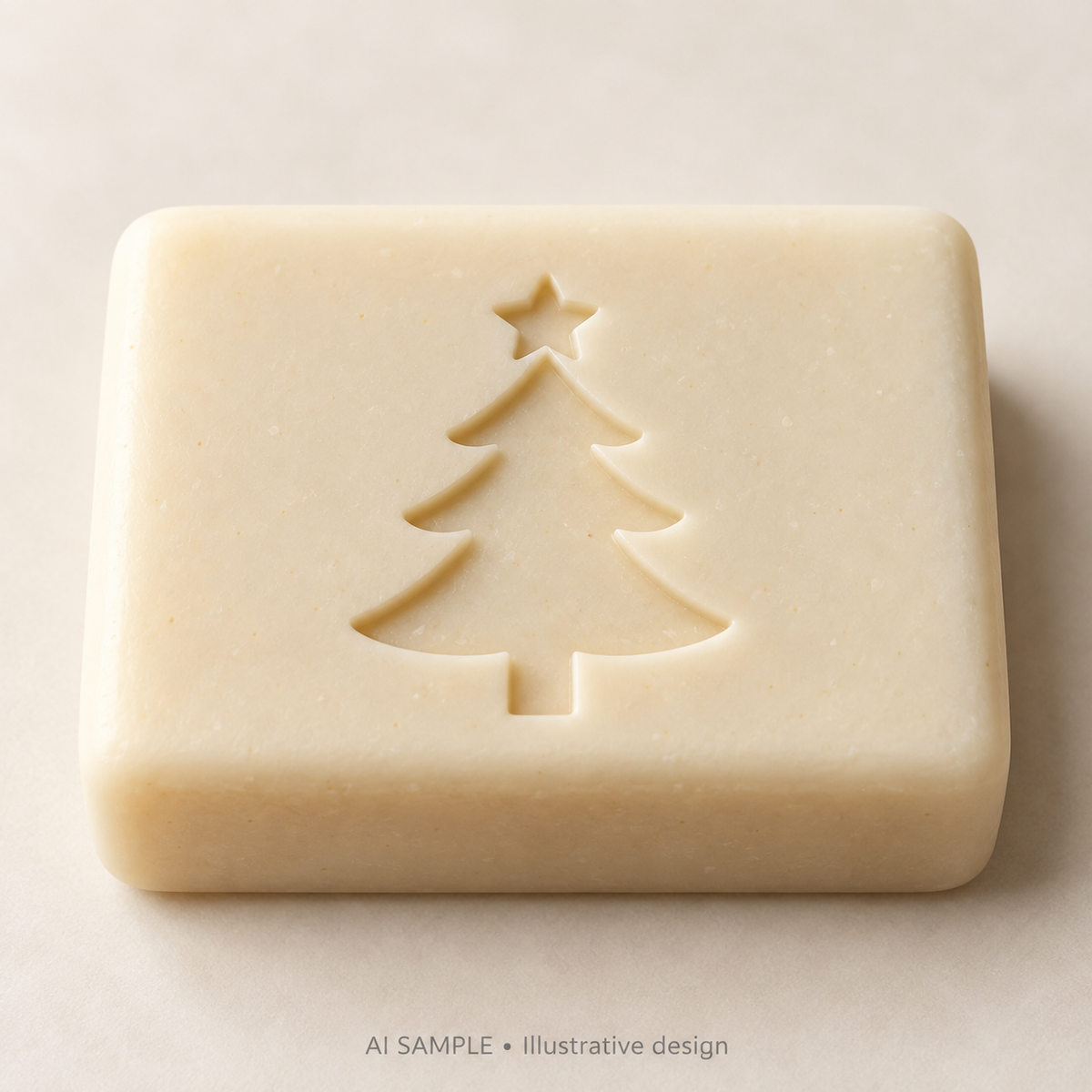 AI SAMPLE: Original illustrative concept for Festive Fir 01 Soap Stamp. Not an actual product photograph. Design, proportions and colors require merchant approval. Shown surface demonstrates the imprint and is not included.