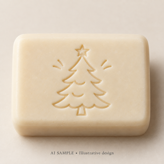 AI SAMPLE: Original illustrative concept for Festive Fir 02 Soap Stamp. Not an actual product photograph. Design, proportions and colors require merchant approval. Shown surface demonstrates the imprint and is not included.