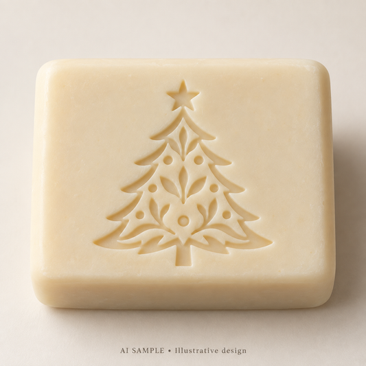 AI SAMPLE: Original illustrative concept for Festive Fir 03 Soap Stamp. Not an actual product photograph. Design, proportions and colors require merchant approval. Shown surface demonstrates the imprint and is not included.