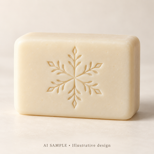 AI SAMPLE: Original illustrative concept for Winter Crystal 02 Soap Stamp. Not an actual product photograph. Design, proportions and colors require merchant approval. Shown surface demonstrates the imprint and is not included.