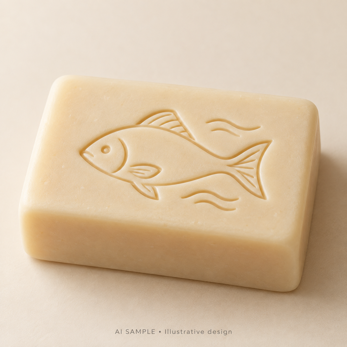 AI SAMPLE: Original illustrative concept for Ocean Fish 01 Soap Stamp. Not an actual product photograph. Design, proportions and colors require merchant approval. Shown surface demonstrates the imprint and is not included.