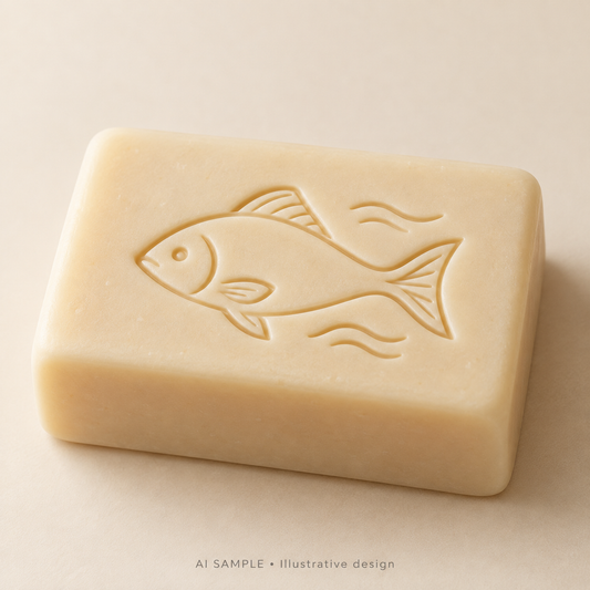 AI SAMPLE: Original illustrative concept for Ocean Fish 01 Soap Stamp. Not an actual product photograph. Design, proportions and colors require merchant approval. Shown surface demonstrates the imprint and is not included.