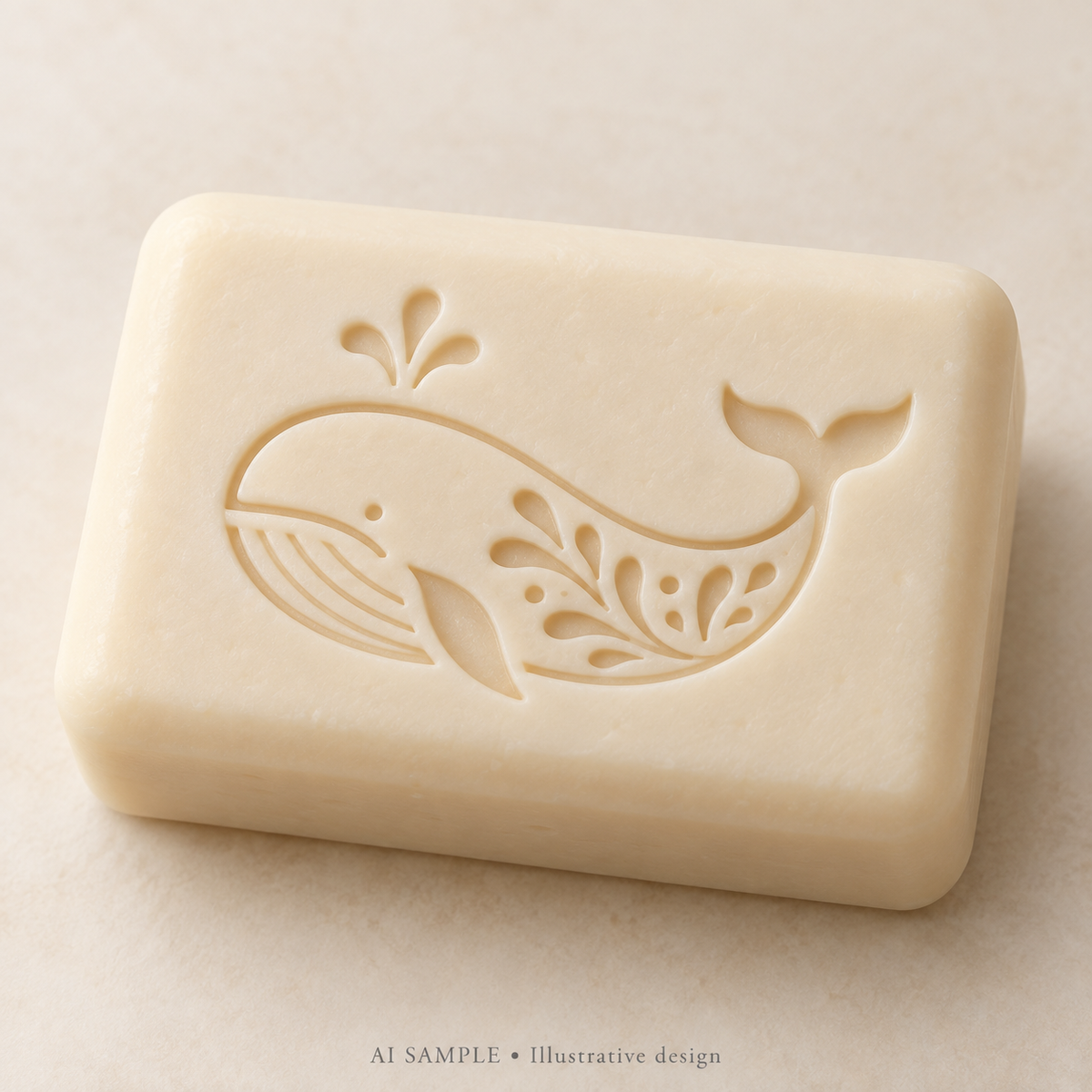 AI SAMPLE: Original illustrative concept for Ocean Whale 01 Soap Stamp. Not an actual product photograph. Design, proportions and colors require merchant approval. Shown surface demonstrates the imprint and is not included.