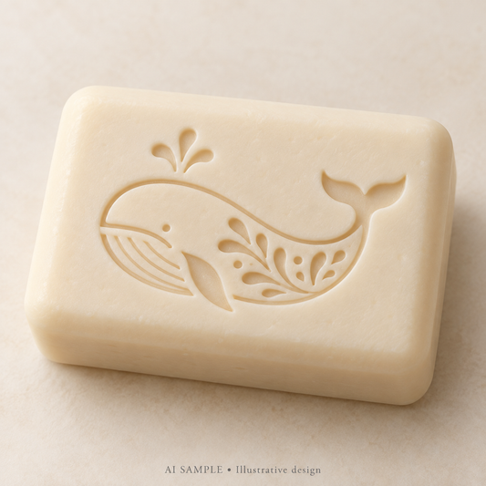 AI SAMPLE: Original illustrative concept for Ocean Whale 01 Soap Stamp. Not an actual product photograph. Design, proportions and colors require merchant approval. Shown surface demonstrates the imprint and is not included.