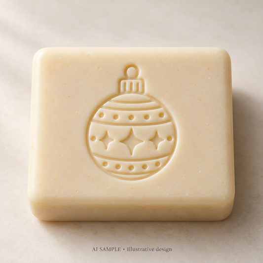 AI SAMPLE: Original illustrative concept for Festive Ornament Soap Stamp. Not an actual product photograph. Design, proportions and colors require merchant approval. Shown surface demonstrates the imprint and is not included.