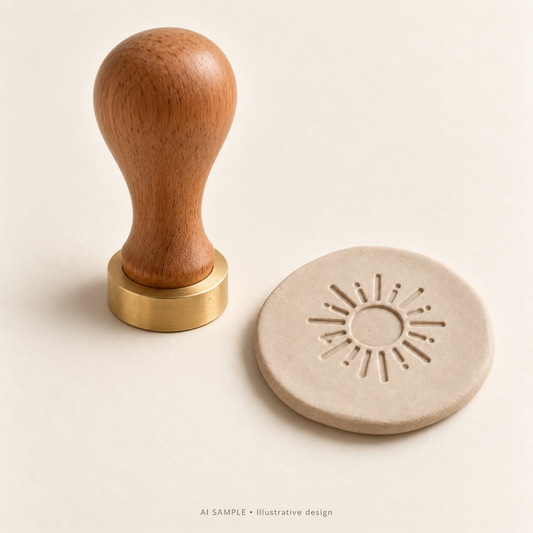 AI SAMPLE: Original illustrative concept for Studio Signature Clay Impression Stamp. Not an actual product photograph. Design, proportions and colors require merchant approval. Props are not included.