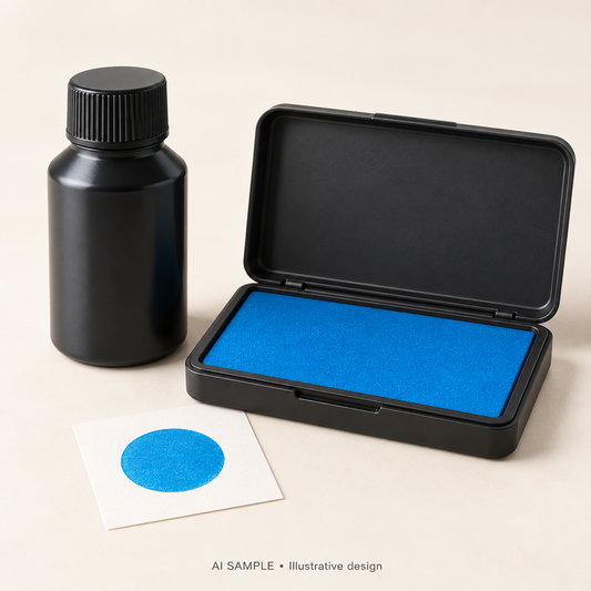 AI SAMPLE: Generic unbranded concept for Manganese Blue Ink Pad and Refill Set. Not an actual product photograph or Ranger packaging. Shade is illustrative; props are not included.