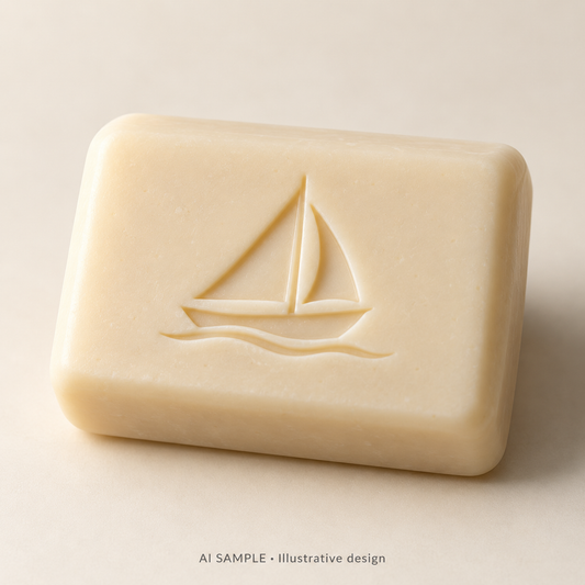 AI SAMPLE: Original illustrative concept for Under Sail Soap Stamp. Not an actual product photograph. Design, proportions and colors require merchant approval. Shown surface demonstrates the imprint and is not included.