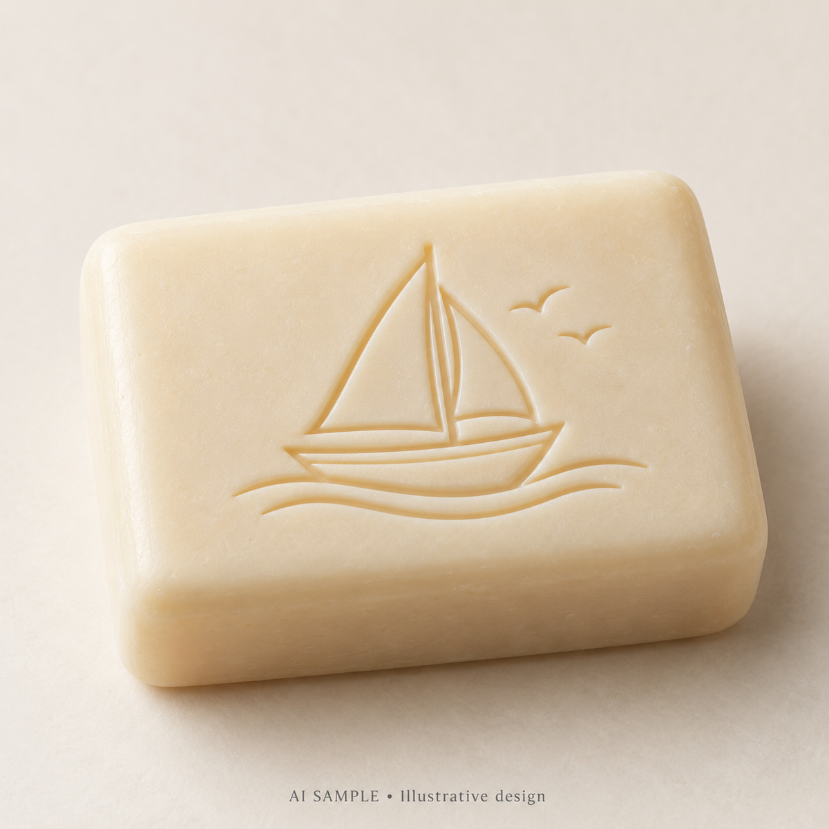 AI SAMPLE: Original illustrative concept for Coastal Boat 01 Soap Stamp. Not an actual product photograph. Design, proportions and colors require merchant approval. Shown surface demonstrates the imprint and is not included.