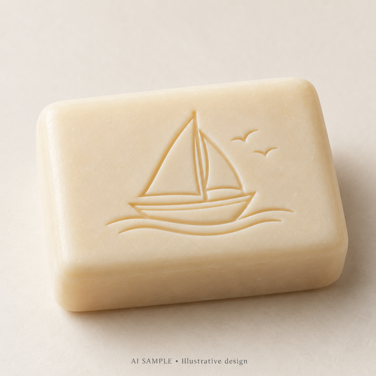 AI SAMPLE: Original illustrative concept for Coastal Boat 01 Soap Stamp. Not an actual product photograph. Design, proportions and colors require merchant approval. Shown surface demonstrates the imprint and is not included.