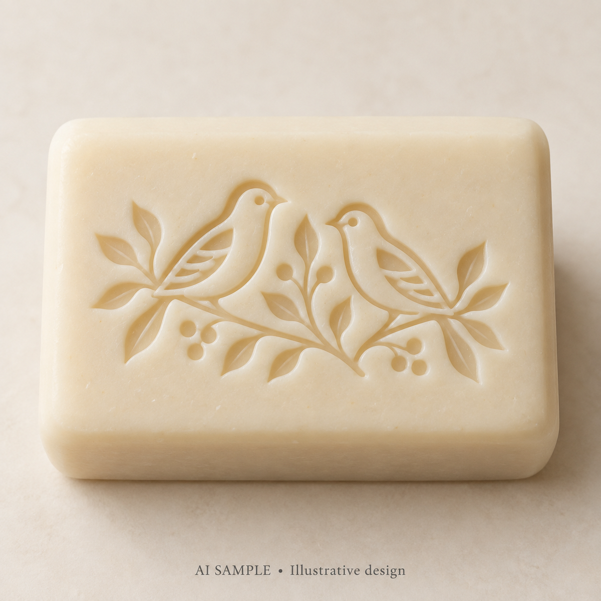 AI SAMPLE: Original illustrative concept for Bird Gathering Soap Stamp. Not an actual product photograph. Design, proportions and colors require merchant approval. Shown surface demonstrates the imprint and is not included.