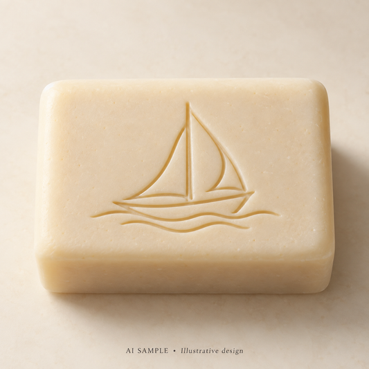 AI SAMPLE: Original illustrative concept for Coastal Boat 02 Soap Stamp. Not an actual product photograph. Design, proportions and colors require merchant approval. Shown surface demonstrates the imprint and is not included.