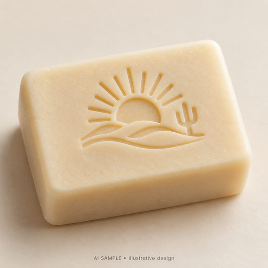 AI SAMPLE: Original illustrative concept for Desert Horizon Soap Stamp. Not an actual product photograph. Design, proportions and colors require merchant approval. Shown surface demonstrates the imprint and is not included.