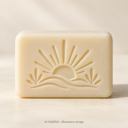 AI SAMPLE: Original illustrative concept for Desert Radiance Soap Stamp. Not an actual product photograph. Design, proportions and colors require merchant approval. Shown surface demonstrates the imprint and is not included.