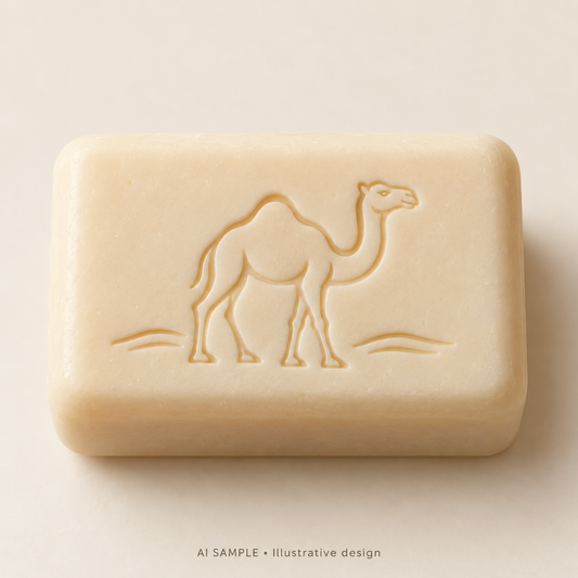 AI SAMPLE: Original illustrative concept for Desert Traveller Soap Stamp. Not an actual product photograph. Design, proportions and colors require merchant approval. Shown surface demonstrates the imprint and is not included.