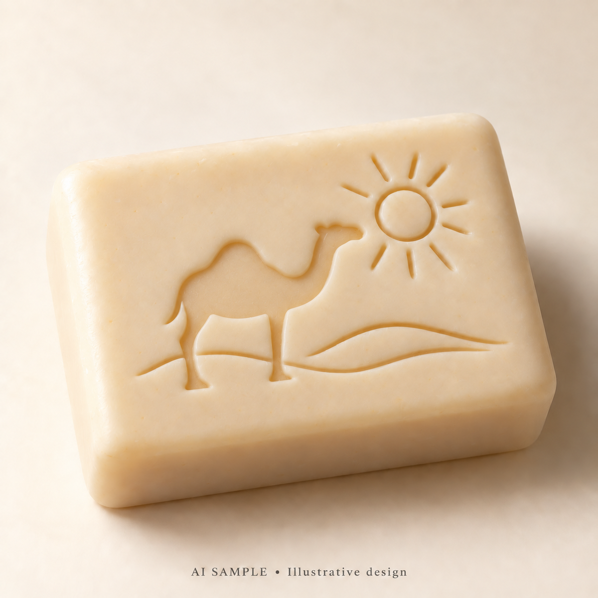 AI SAMPLE: Original illustrative concept for Sunlit Camel Soap Stamp. Not an actual product photograph. Design, proportions and colors require merchant approval. Shown surface demonstrates the imprint and is not included.