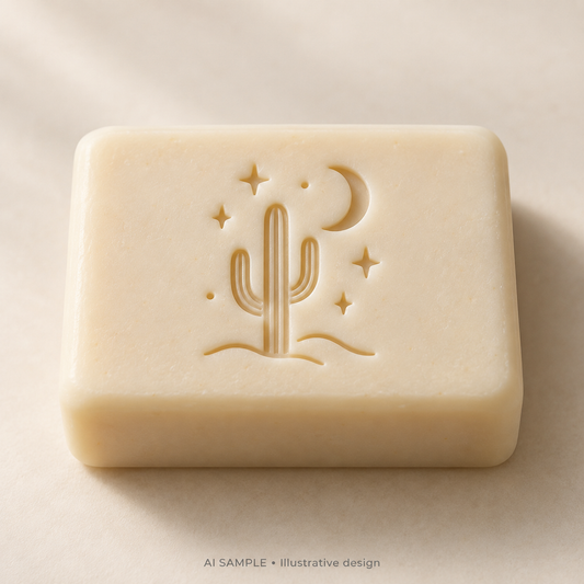 AI SAMPLE: Original illustrative concept for Desert Nightfall Soap Stamp. Not an actual product photograph. Design, proportions and colors require merchant approval. Shown surface demonstrates the imprint and is not included.