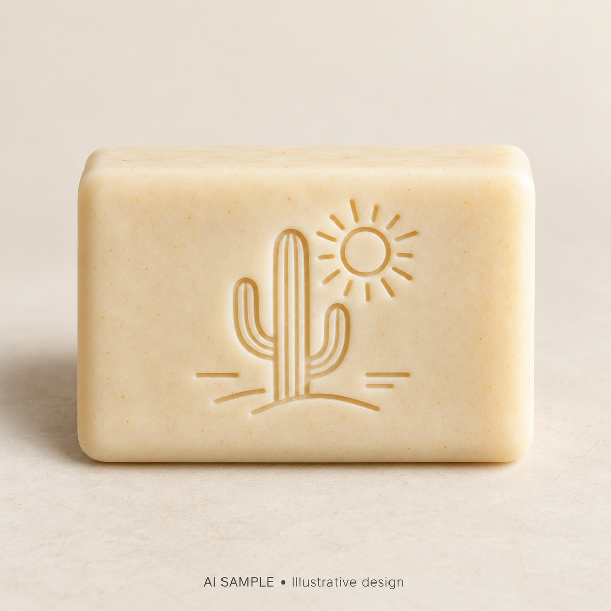 AI SAMPLE: Original illustrative concept for Desert Daylight Soap Stamp. Not an actual product photograph. Design, proportions and colors require merchant approval. Shown surface demonstrates the imprint and is not included.