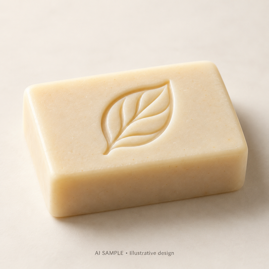 AI SAMPLE: Original illustrative concept for Garden Leaf 01 Soap Stamp. Not an actual product photograph. Design, proportions and colors require merchant approval. Shown surface demonstrates the imprint and is not included.