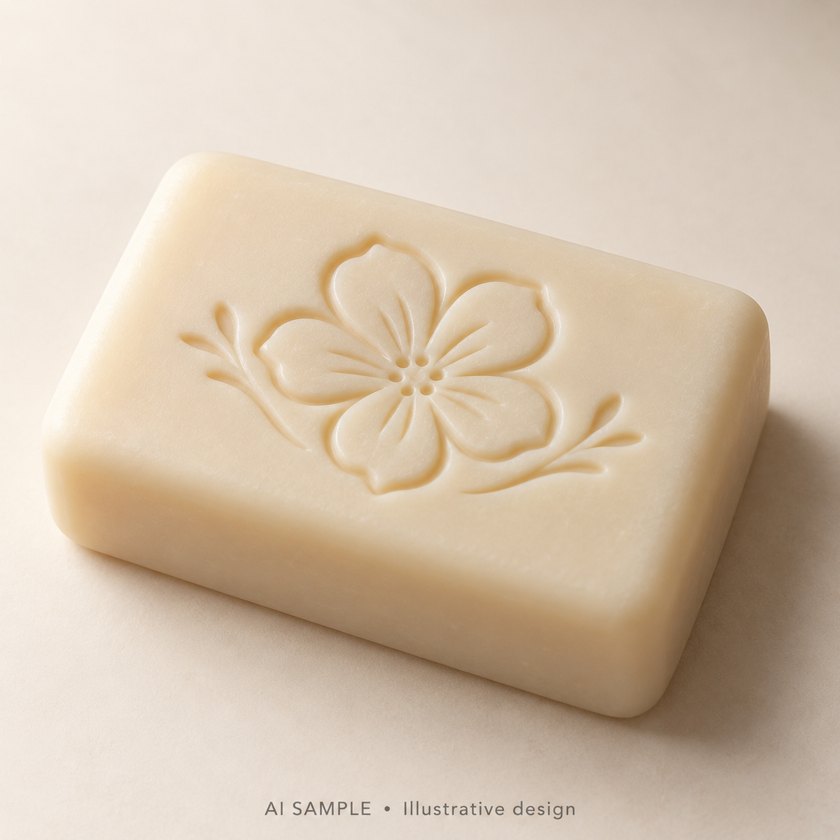 AI SAMPLE: Original illustrative concept for Petal Study 03 Soap Stamp. Not an actual product photograph. Design, proportions and colors require merchant approval. Shown surface demonstrates the imprint and is not included.