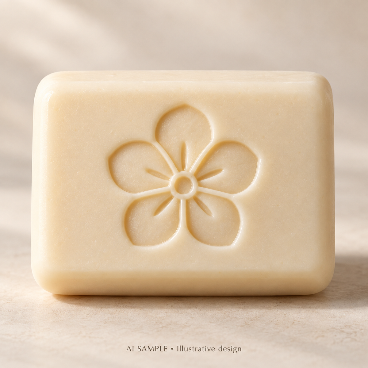 AI SAMPLE: Original illustrative concept for Petal Study 05 Soap Stamp. Not an actual product photograph. Design, proportions and colors require merchant approval. Shown surface demonstrates the imprint and is not included.