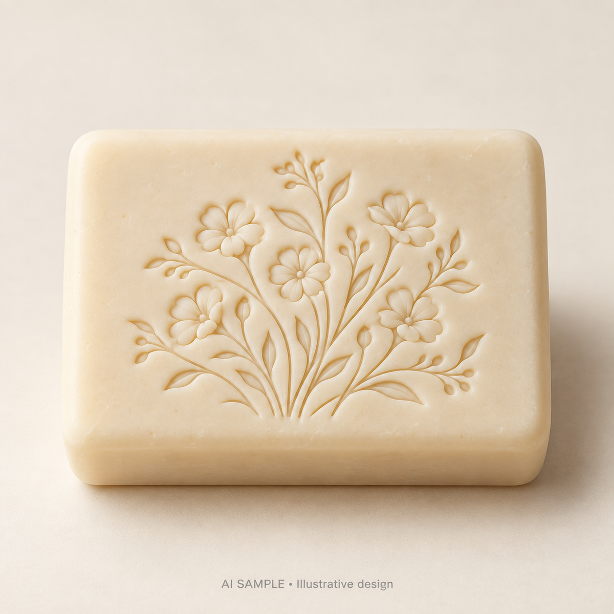 AI SAMPLE: Original illustrative concept for Garden Blossom Cluster Soap Stamp. Not an actual product photograph. Design, proportions and colors require merchant approval. Shown surface demonstrates the imprint and is not included.