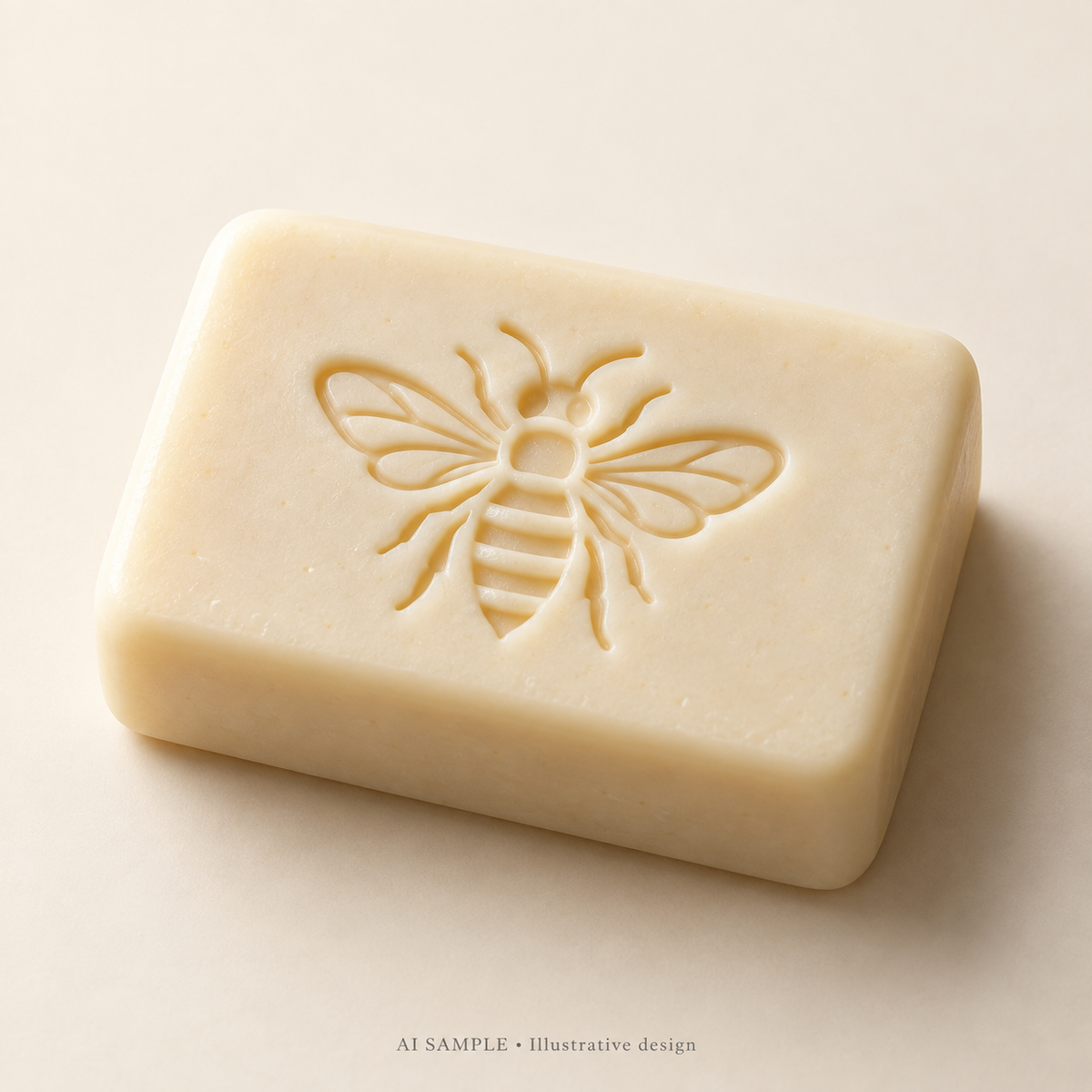 AI SAMPLE: Original illustrative concept for Meadow Bee 01 Soap Stamp. Not an actual product photograph. Design, proportions and colors require merchant approval. Shown surface demonstrates the imprint and is not included.