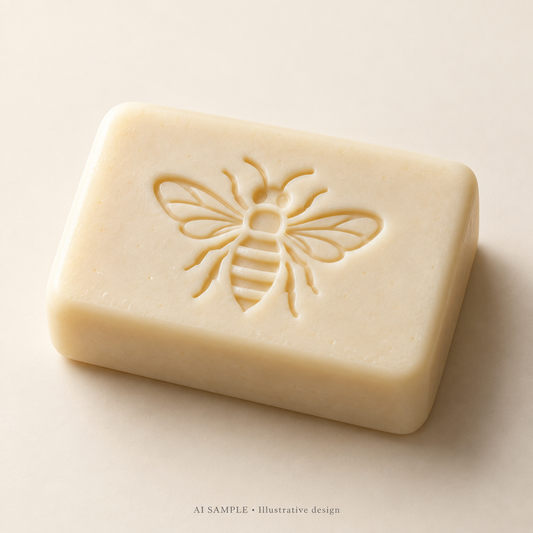 AI SAMPLE: Original illustrative concept for Meadow Bee 01 Soap Stamp. Not an actual product photograph. Design, proportions and colors require merchant approval. Shown surface demonstrates the imprint and is not included.
