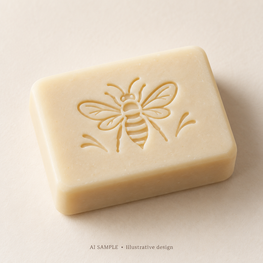 AI SAMPLE: Original illustrative concept for Meadow Bee 02 Soap Stamp. Not an actual product photograph. Design, proportions and colors require merchant approval. Shown surface demonstrates the imprint and is not included.
