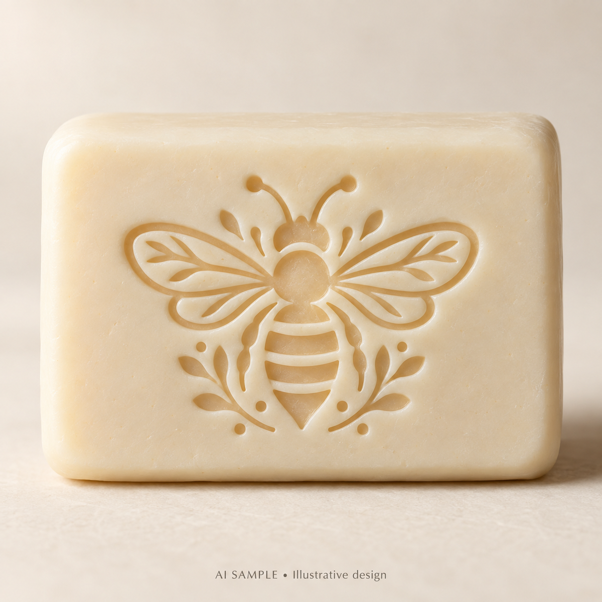 AI SAMPLE: Original illustrative concept for Meadow Bee 03 Soap Stamp. Not an actual product photograph. Design, proportions and colors require merchant approval. Shown surface demonstrates the imprint and is not included.
