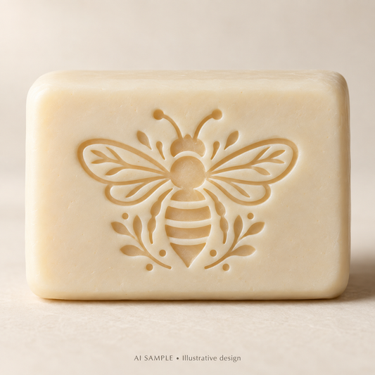 AI SAMPLE: Original illustrative concept for Meadow Bee 03 Soap Stamp. Not an actual product photograph. Design, proportions and colors require merchant approval. Shown surface demonstrates the imprint and is not included.