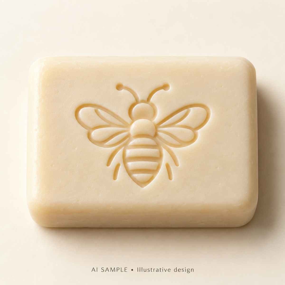 AI SAMPLE: Original illustrative concept for Meadow Bee 04 Soap Stamp. Not an actual product photograph. Design, proportions and colors require merchant approval. Shown surface demonstrates the imprint and is not included.