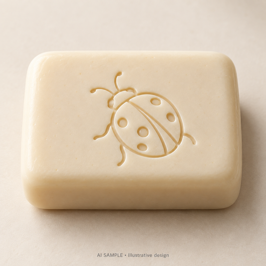AI SAMPLE: Original illustrative concept for Garden Ladybird Soap Stamp. Not an actual product photograph. Design, proportions and colors require merchant approval. Shown surface demonstrates the imprint and is not included.