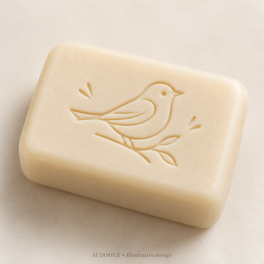 AI SAMPLE: Original illustrative concept for Little Bird 01 Soap Stamp. Not an actual product photograph. Design, proportions and colors require merchant approval. Shown surface demonstrates the imprint and is not included.