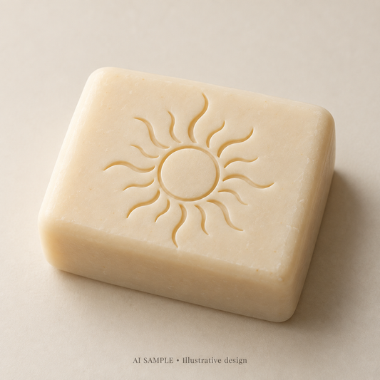 AI SAMPLE: Original illustrative concept for Daylight Sun 02 Soap Stamp. Not an actual product photograph. Design, proportions and colors require merchant approval. Shown surface demonstrates the imprint and is not included.