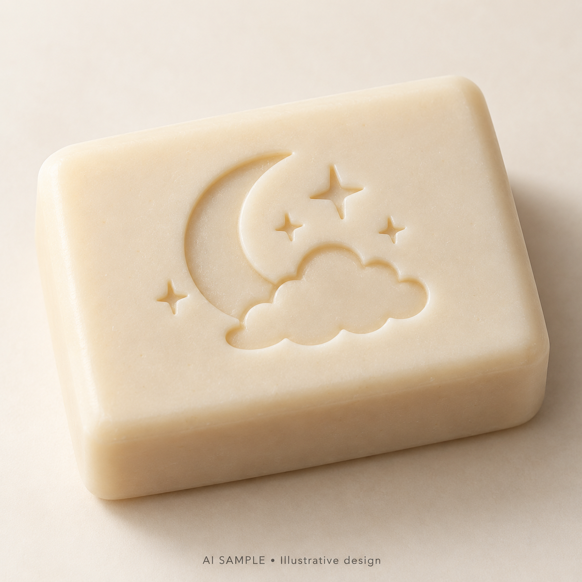 AI SAMPLE: Original illustrative concept for Night Sky Trio Soap Stamp. Not an actual product photograph. Design, proportions and colors require merchant approval. Shown surface demonstrates the imprint and is not included.