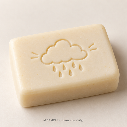 AI SAMPLE: Original illustrative concept for Passing Shower Soap Stamp. Not an actual product photograph. Design, proportions and colors require merchant approval. Shown surface demonstrates the imprint and is not included.