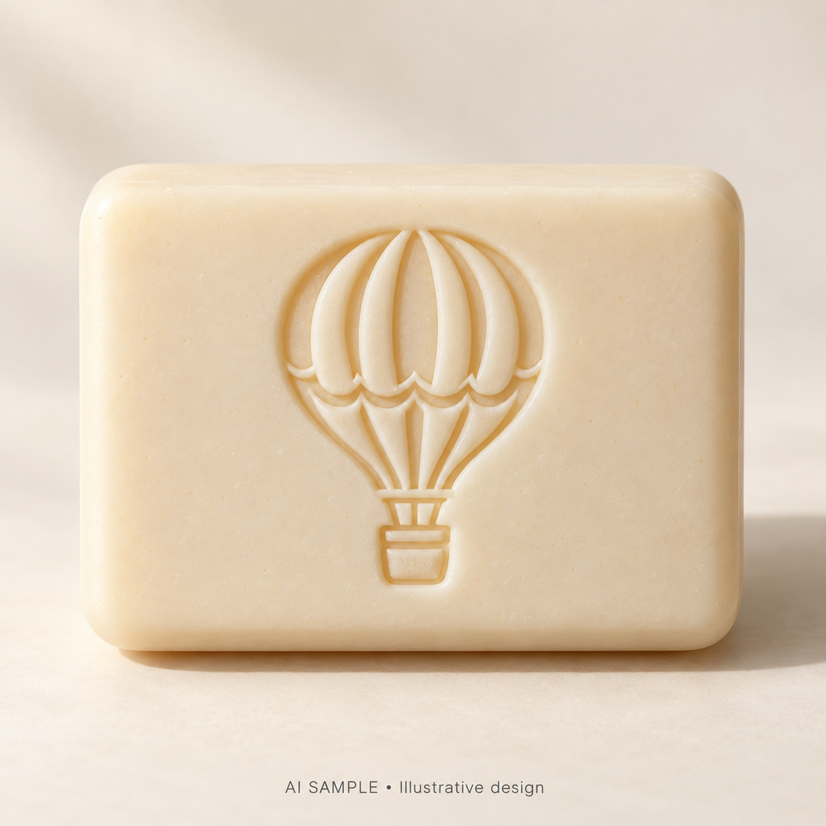AI SAMPLE: Original illustrative concept for Balloon Journey 02 Soap Stamp. Not an actual product photograph. Design, proportions and colors require merchant approval. Shown surface demonstrates the imprint and is not included.
